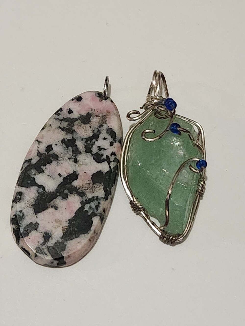 Pendants: Pistachio Calcite Wire-Wrapped and Rare Pink Speckled Oval Magnesite